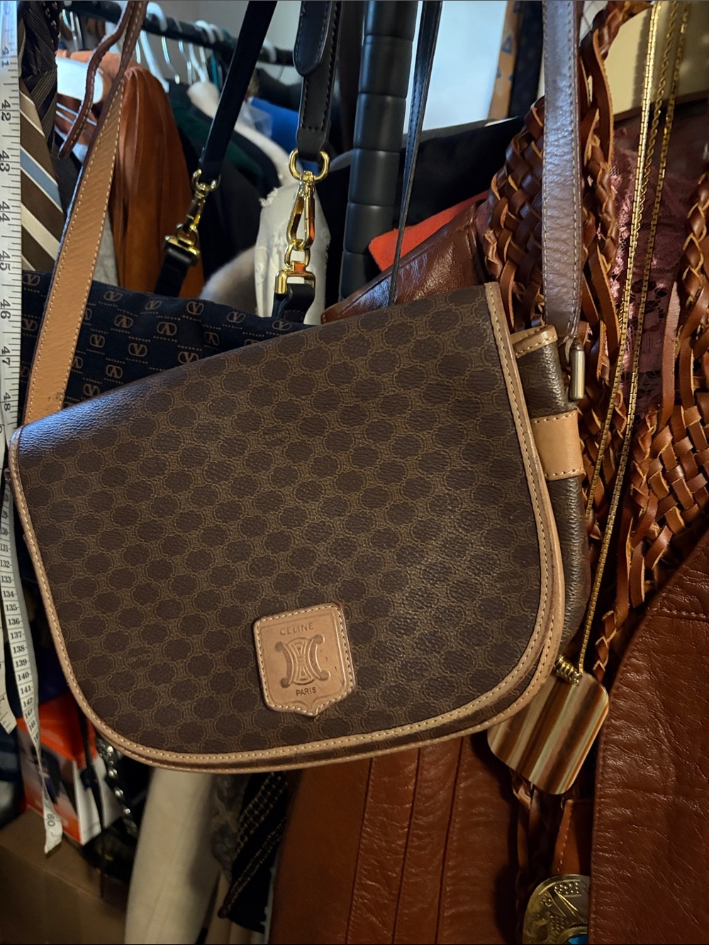 Celine Brown and Tan Crossbody Saddle Bag